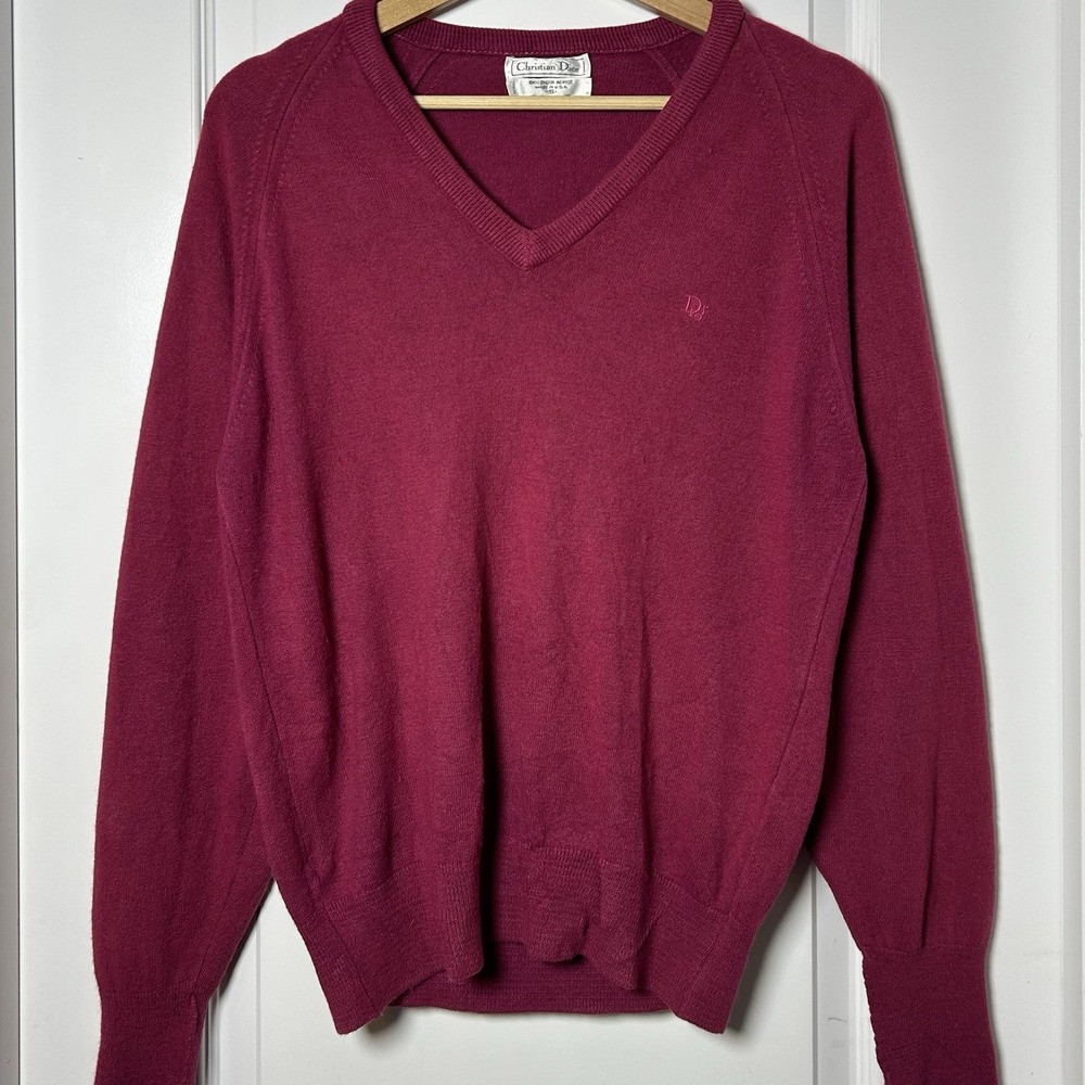 Christian Dior Vintage 80s Made in USA Orlon Acrylic Magenta Knit V-Neck Sweater